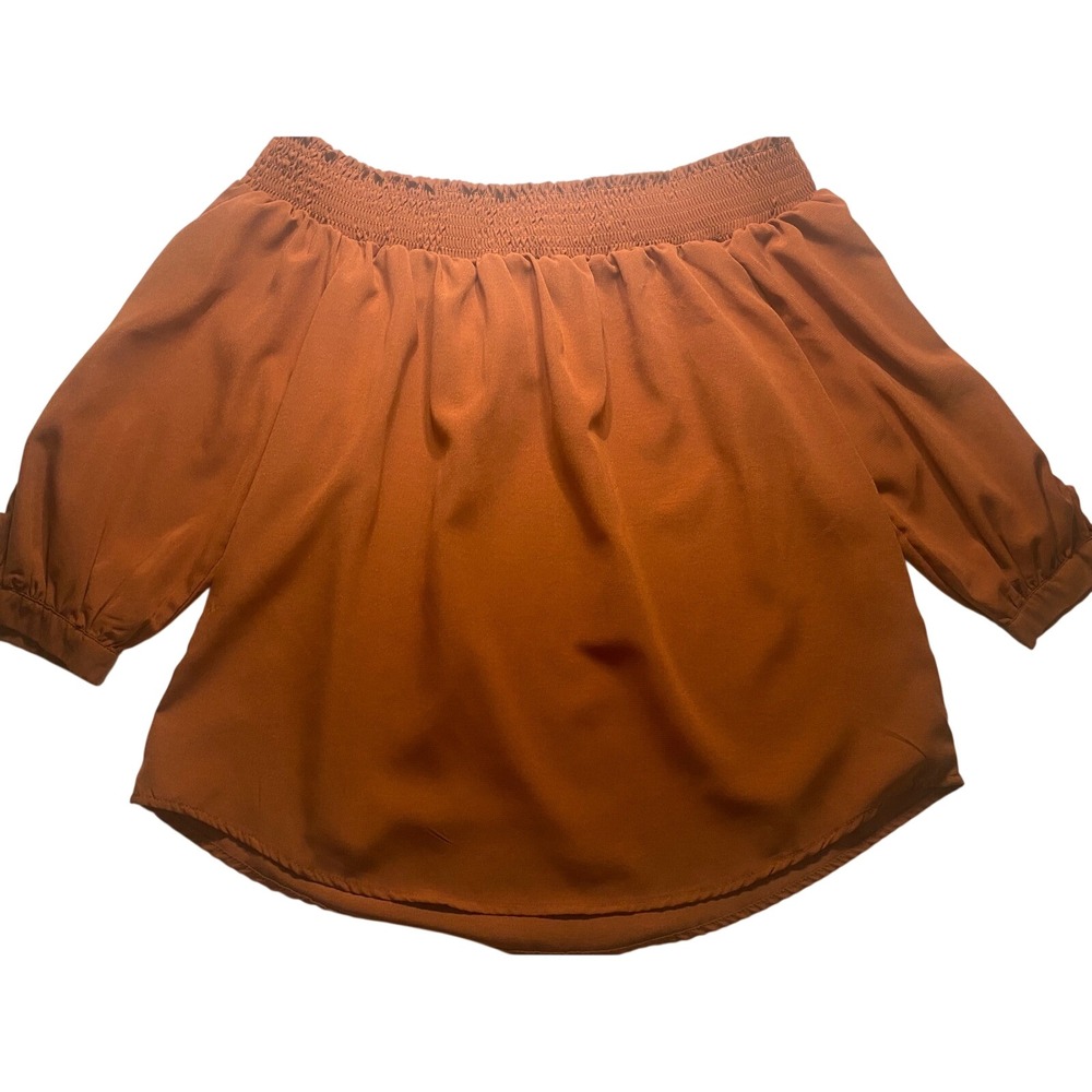 Rue21 Womens XL Burnt Orange Off The Shoulder Smocked Blouse 3/4 Tie Sleeve Top - Picture 2 of 5